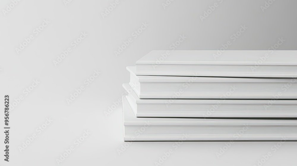 Poster stack of pristine white blank books with a sleek appearance, set against a clean background to empha