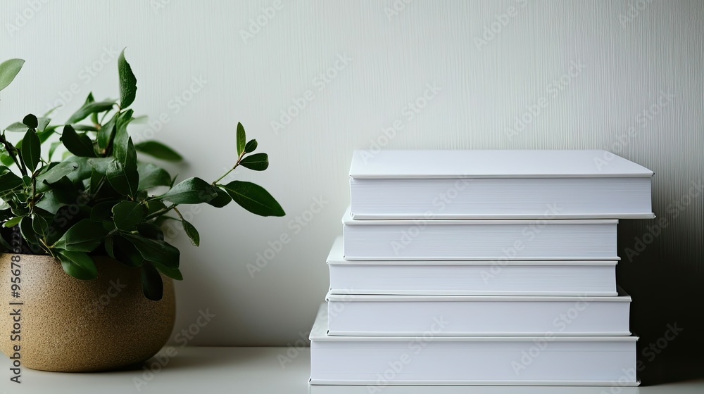 Poster stack of white blank books arranged neatly on a desk, creating a clean and minimalistic workspace.