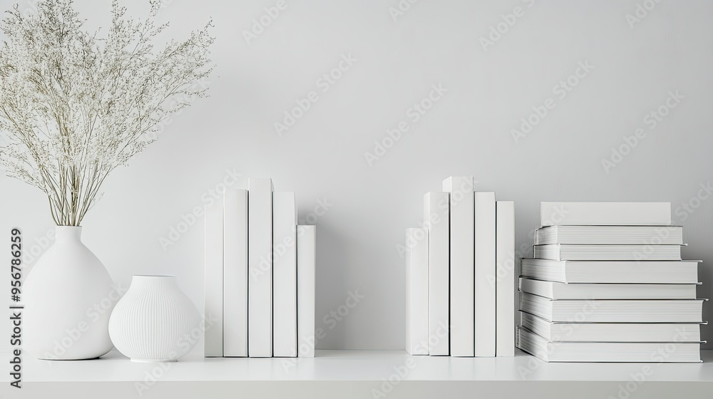 Poster stack of white blank books arranged neatly on a desk, creating a clean and minimalistic workspace.