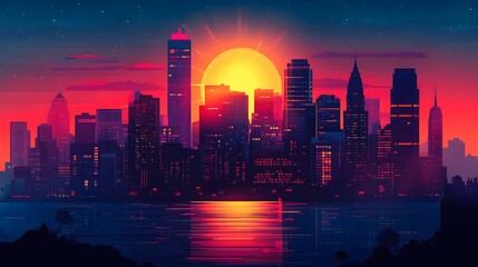 Fototapeta premium Flat design of a futuristic city using neon colors and dark contrasts