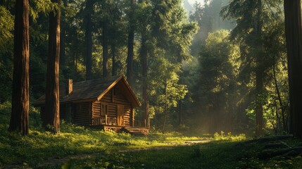A wooden cottage tucked away in a peaceful forest, surrounded by towering trees, creating a tranquil and harmonious atmosphere.