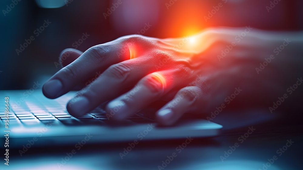 Poster painful wrist from prolonged typing and mouse usage with red highlights