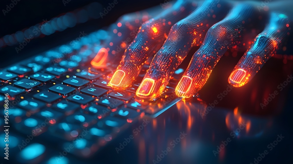 Poster glowing red areas on hands represent pain from repetitive computer use