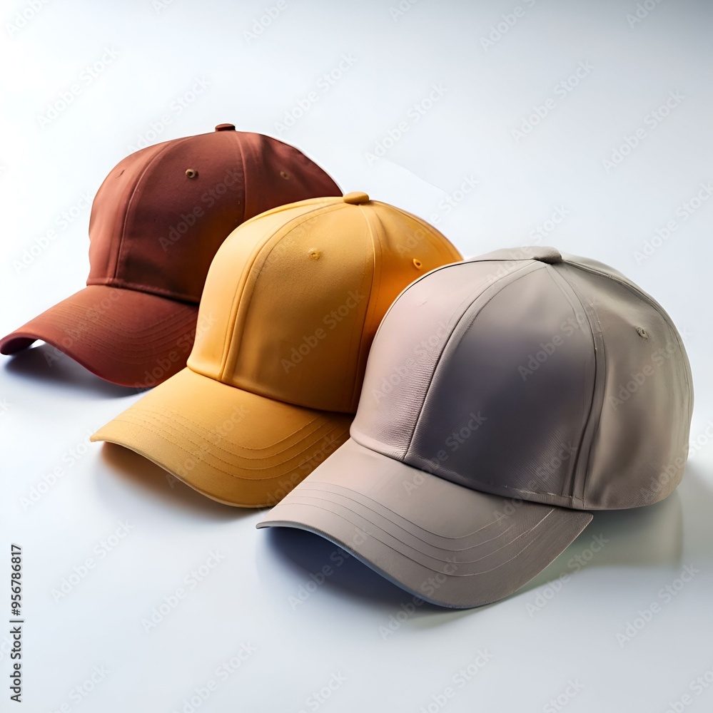 Poster Three stylish baseball caps in brown. yellow. and grey. arranged in a row. perfect for branding. mockups. or adding a casual touch to your design projects.