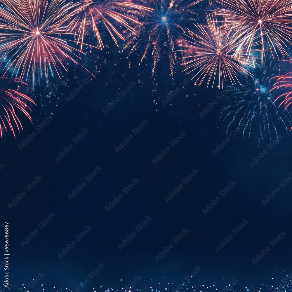 Poster Festive red and blue fireworks exploding against a dark night sky with copy space.