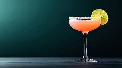 Elegant cocktail in a coupe glass with a salted rim and lime slice garnish, featuring a bright orange drink against a dark green gradient background.