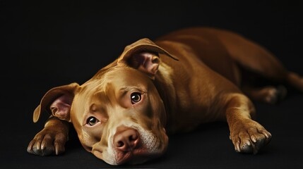 Studio portrait of a relaxed Pit Bull lying down, capturing its calm and loving nature