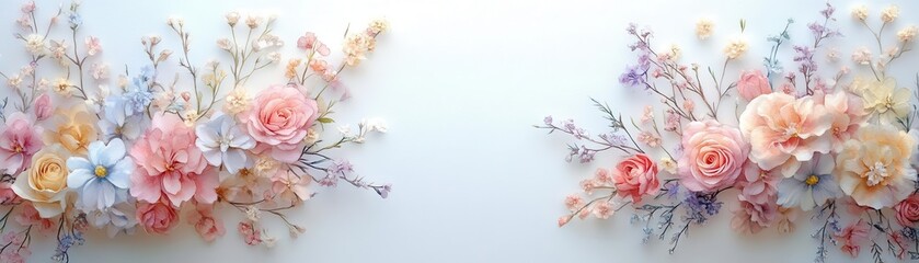 Delicate pastel pink and white roses and wildflowers on a white background.