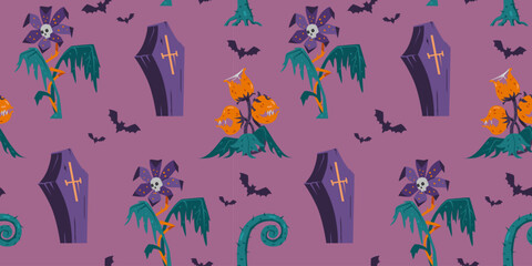 Halloween seamless vector pattern with creepy monster plants, coffin and bats.