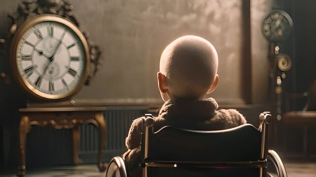 sick child sitting on wheelchair at ward looking at clock, world cancer day (February 4). Generative Ai