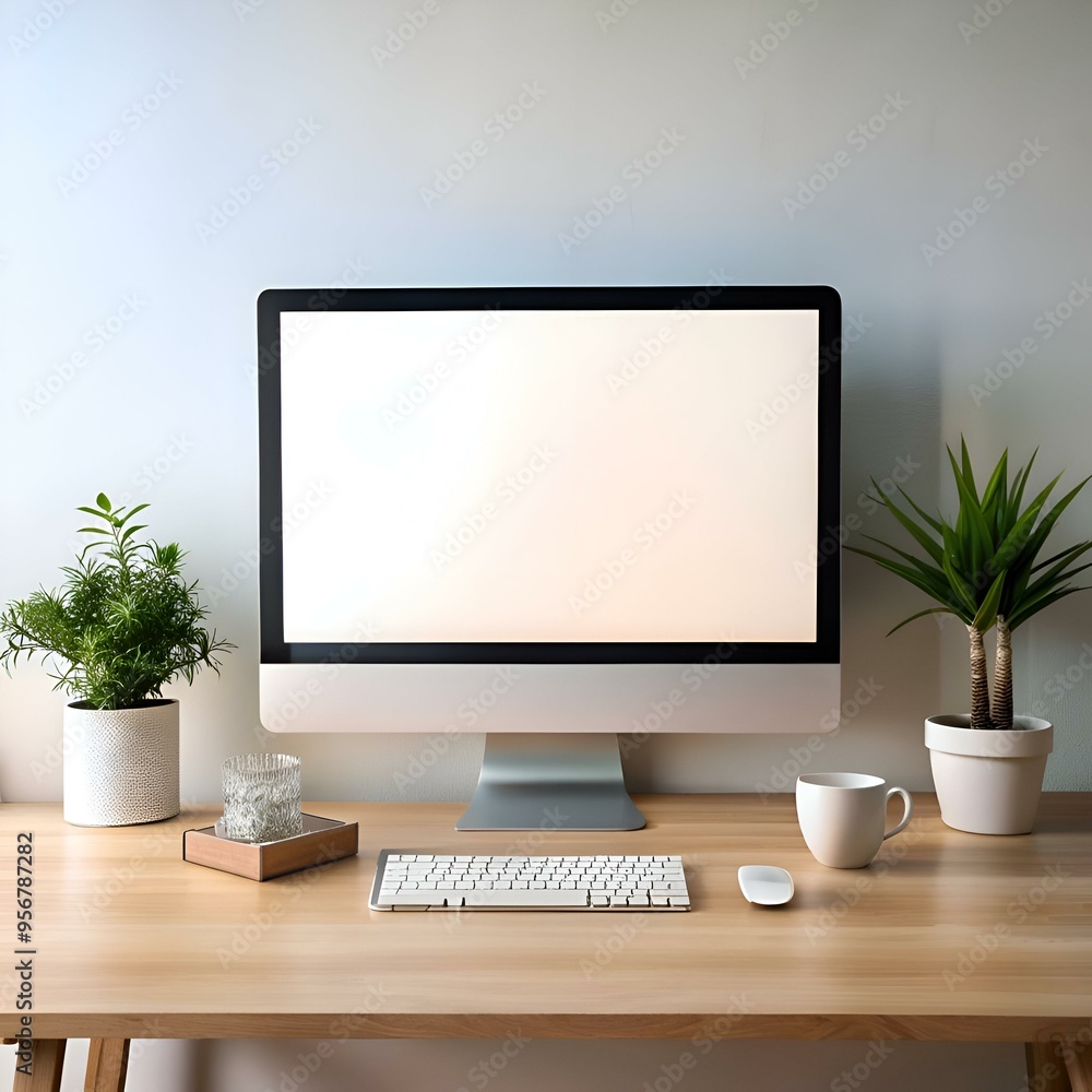 Poster a clean and modern workspace with a blank computer screen. perfect for showcasing your website. app.