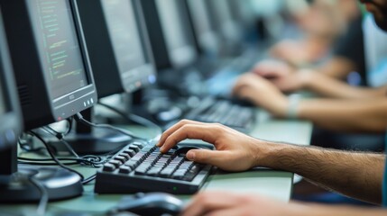 Row of Diverse Group of Multi-Ethnic People Works on PC. Office Team of Technical Support Staff Members Work on Computers, Help People Find Solutions. Camera Shot focus On Hands