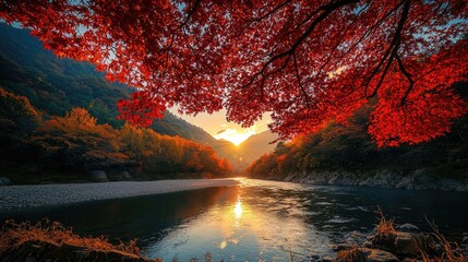Master works, HD, maple leaf frost red, a river sunset thick. Under the sunset, the maple leaves dyed the mountains red, a river of brilliant red flashing the light of the setting sun. SLR camera shot
