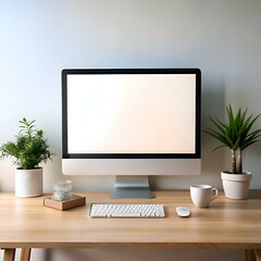 Fototapeta premium A clean and modern workspace with a blank computer screen. perfect for showcasing your website. app. or design.