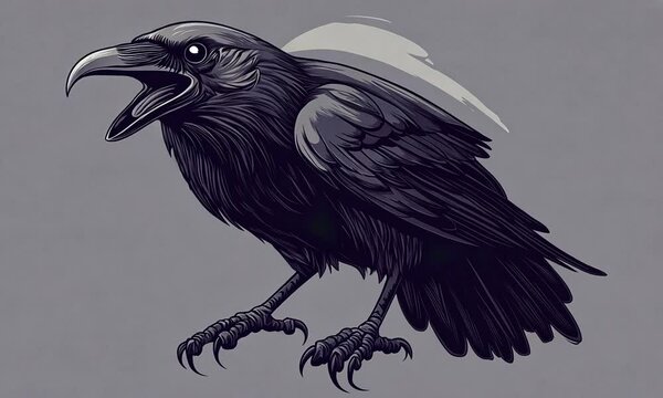 
Mascot Logo crow, leather texture, perching, frontal, cawing beak expression, twilight gray background