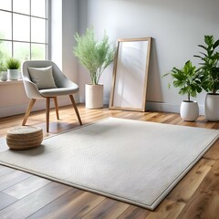 A minimalist living room with a soft. textured rug. a comfortable armchair. and a blank canvas for your design.