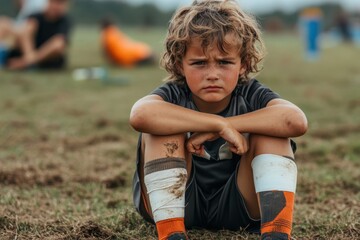 A tired young boy with dirty socks and legs, sitting cross-legged on the grass after a soccer practice, conveys fatigue and satisfaction after a vigorous training session.