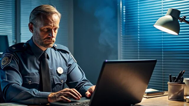 Police Officer Working on Laptop at Night.