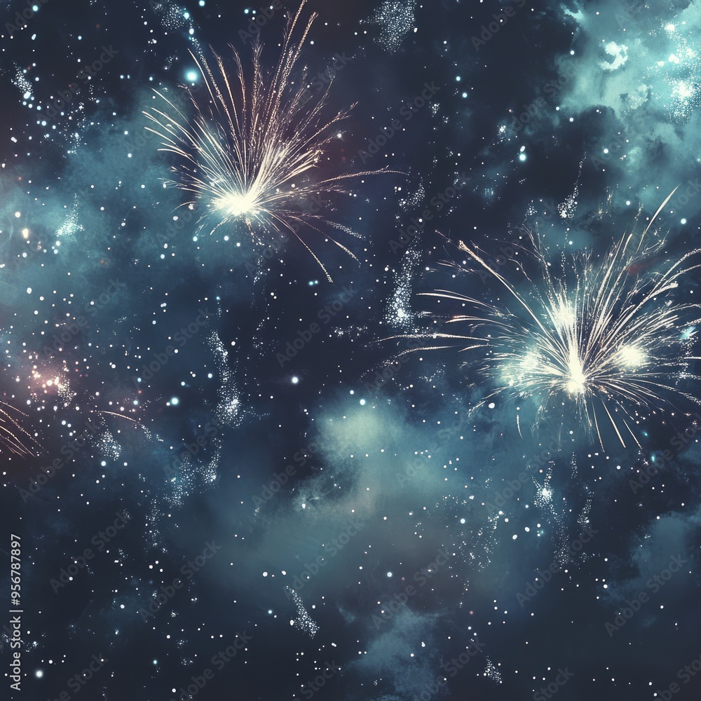 Canvas Prints Fireworks explode in a night sky with clouds and stars.