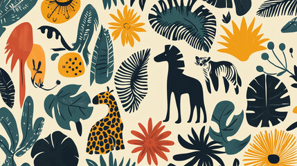 Colorful African animals and plants pattern, vibrant and playful, jungle-inspired design