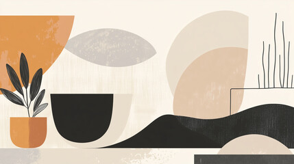 Minimalist abstract artwork with plants and geometric forms, earthy tones and serene design