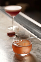 Set of various cocktails on bar counter. Assortment of alcoholic cocktails on restaurant bar