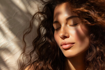 Fototapeta premium Close Up of Woman with Natural Curls in Sunlight, Radiating Healthy, Glowing Skin and Eco Friendly Haircare Summer Vibes