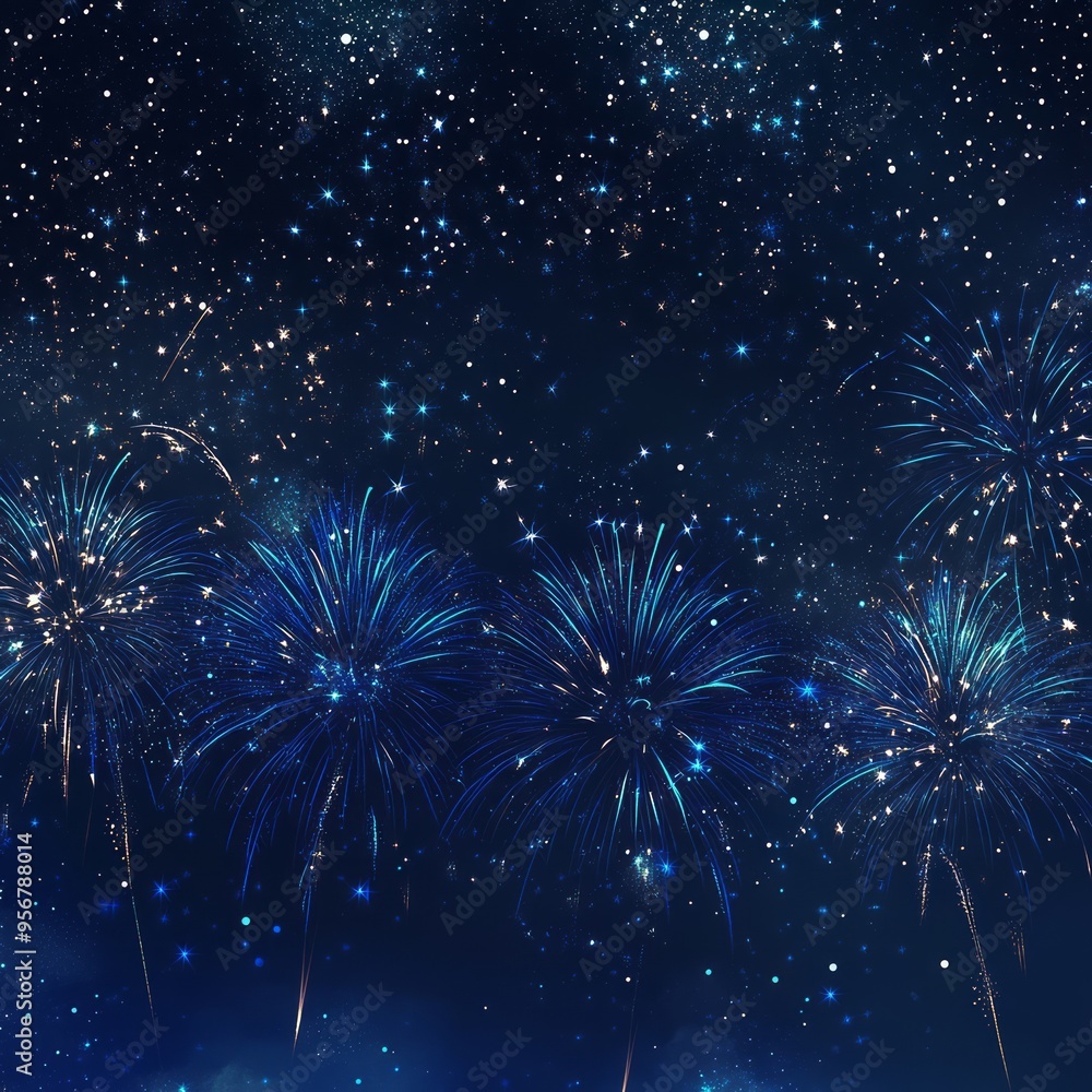 Poster Fireworks exploding in the night sky with a starry background.