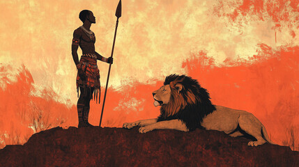 Naklejka premium African warrior with a spear standing beside a lion, strength and courage, powerful and symbolic