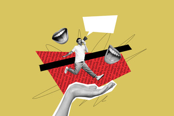 Composite photo collage of happy man activist run scream megaphone faceless mouth strike...