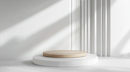 White 3D circular podium with a wooden top, set in a minimal studio space, perfect for highlighting products.