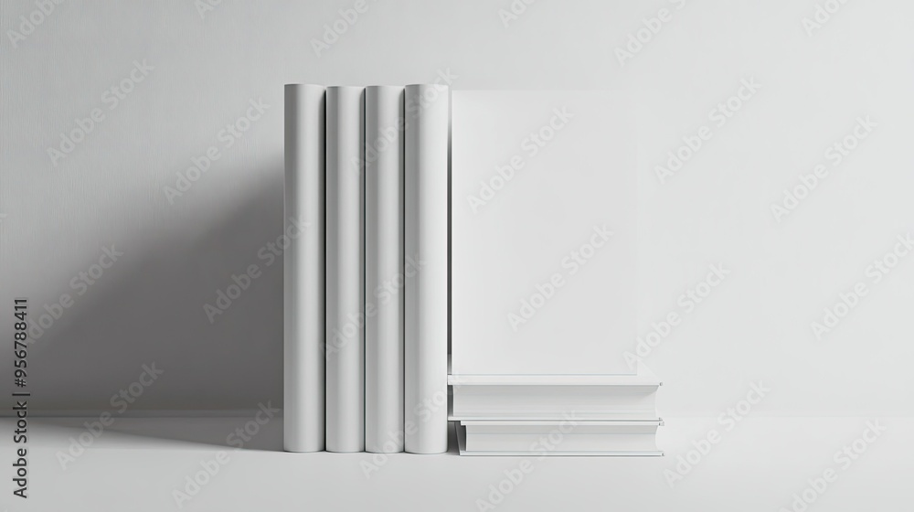 Poster white blank books stacked in a tidy arrangement, set against a plain background to emphasize their s