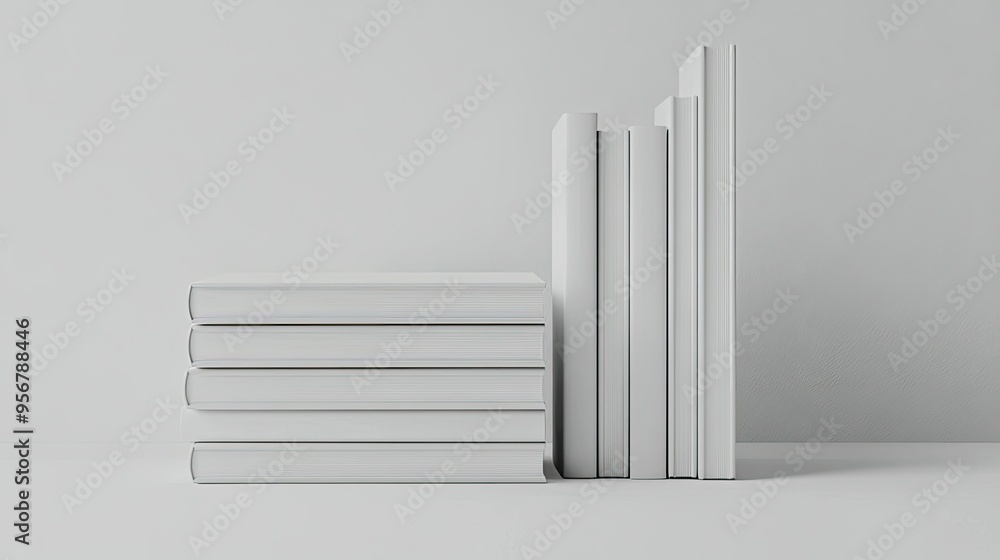 Poster white blank books stacked in a tidy arrangement, set against a plain background to emphasize their s