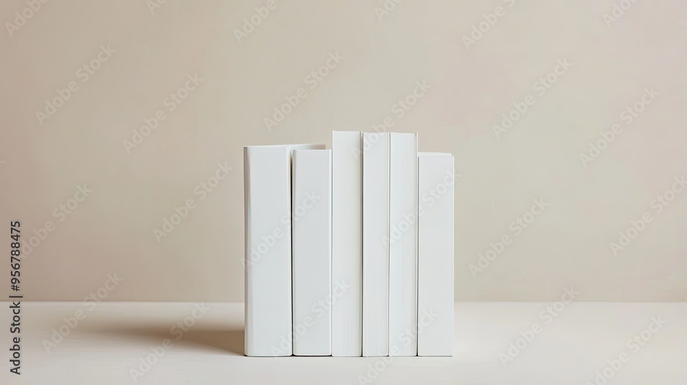 Poster white blank books stacked with perfect alignment, set against a neutral background to highlight simp