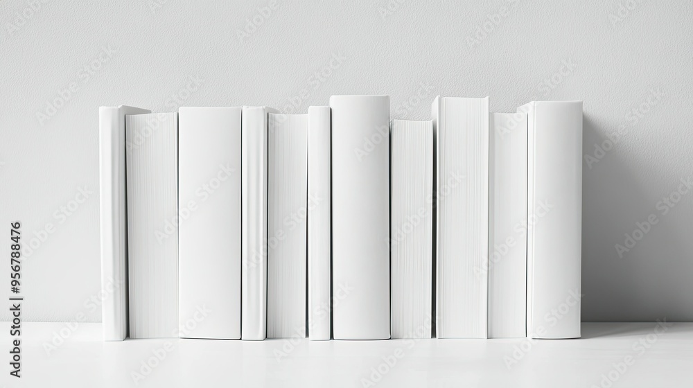 Poster white blank books stacked with perfect alignment, set against a neutral background to highlight simp