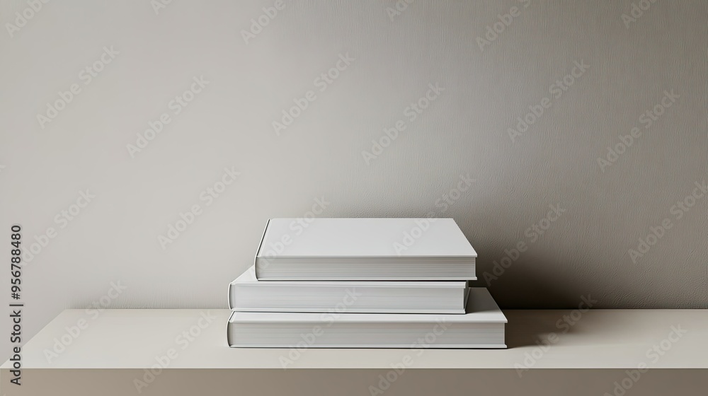 Poster white blank books stacked with perfect alignment, set against a neutral background to highlight simp