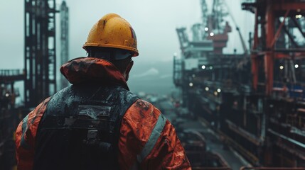 Fototapeta premium Marine Engineer in Rain Gear at Offshore Platform