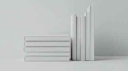 Obraz premium White blank books stacked in a tidy arrangement, set against a plain background to emphasize their simplicity.