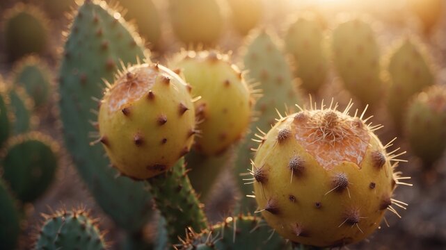 Prickly pear cactus fruit glistening in golden hour light.
