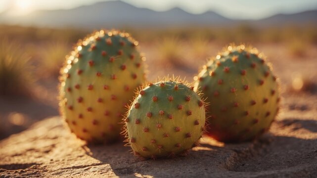 Prickly pear cactus fruit glistening in golden hour light.