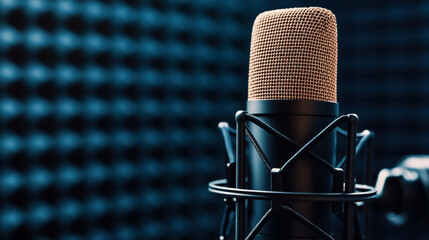 Close-up of a condenser microphone in a recording studio, featuring a pop filter and soundproofing acoustic panels in the background.
