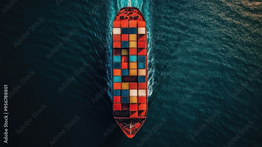 Poster aerial view of a cargo ship with stacked containers, traversing the ocean. showcases global transpor