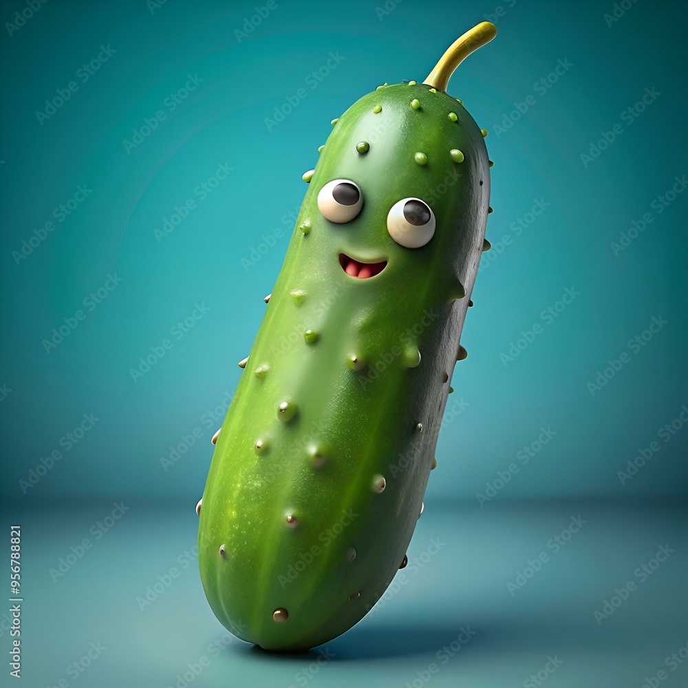 Poster A cheerful 3D rendered cucumber with a playful expression. perfect for adding a touch of humor to your designs.