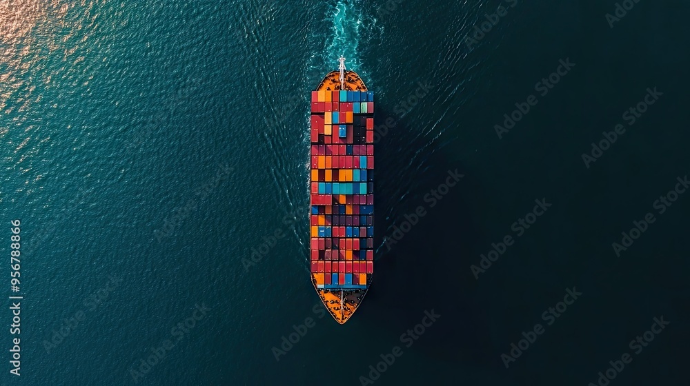Poster aerial view of a freight ship with stacked containers on the open sea, emphasizing worldwide busines
