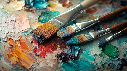 Fototapeta premium Palette with paints and brushes on colorful background, top view.