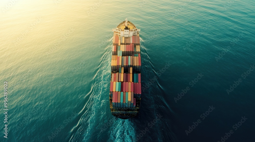 Poster aerial view of a freight ship with stacked containers on the open sea, emphasizing worldwide busines