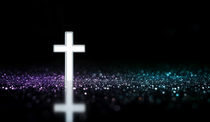 Fototapeta premium White holographic glowing Christian cross with copy space.