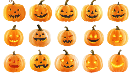 A collection of cheerful and spooky pumpkins, perfect for Halloween decorations and seasonal festivities.