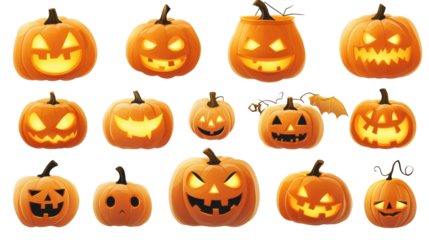 A collection of spooky and smiling Halloween pumpkins, perfect for festive decoration and autumn themes.