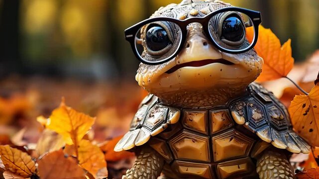 cute turtle with glasses in autumn forest, concept back to school. Generative Ai